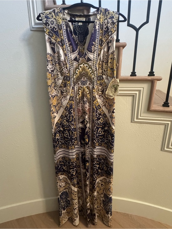ONE WORLD Dresses & Skirts - ONE WORLD Navy and Gold Paisley Crochet-Accent Maxi Dress